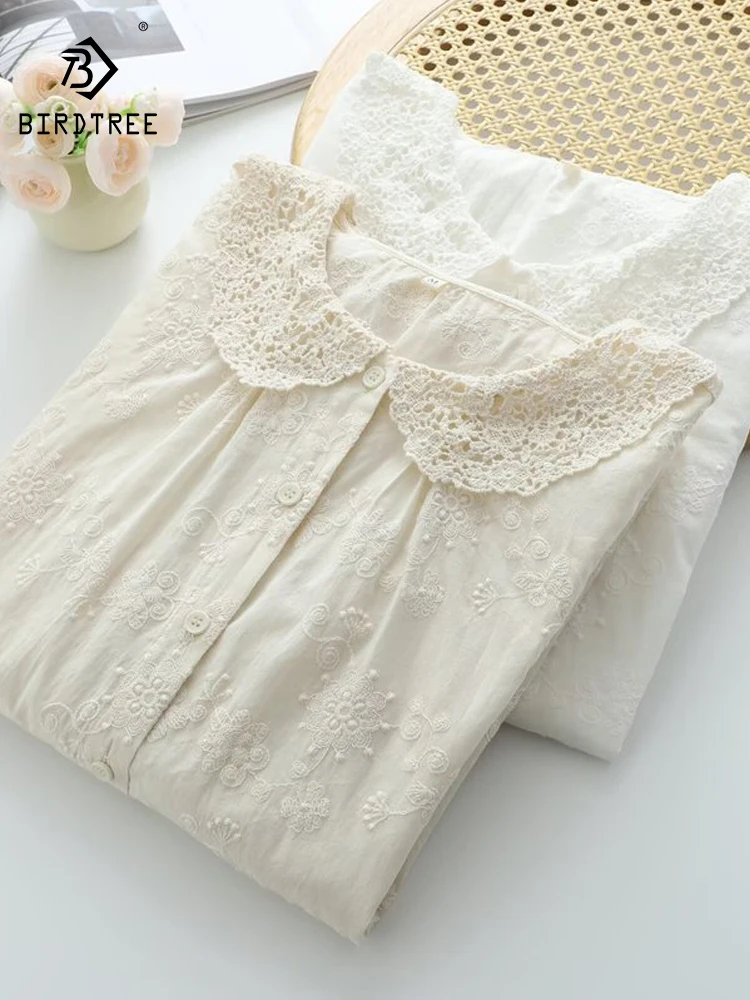 

New 2026 Spring Women Cotton Long Sleeve Shirt, Lace Turn-down Collar Embroidery, Mori Girl Japan Style Loose Blouse T63688CC