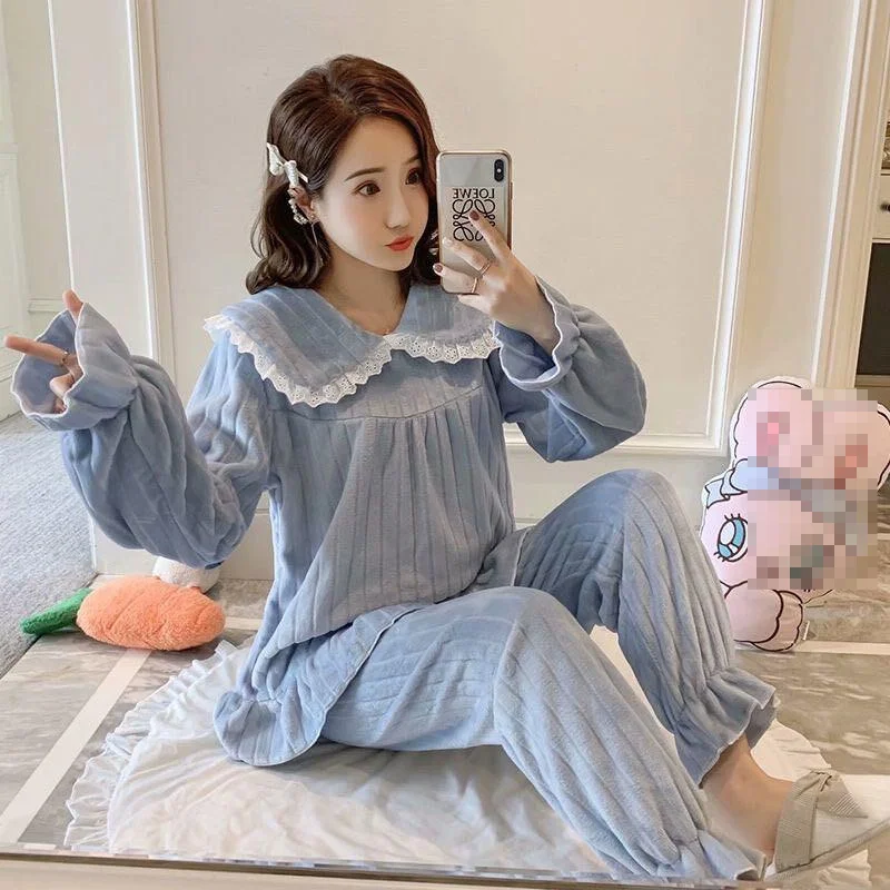 

Ночное белье, женская осенне-зимняя новинка 2025 года, с длинными рукавами в стиле принцессы, кружевной кукольный воротник, фланелевой комплект для домашнего интерьера для девочек, наряд