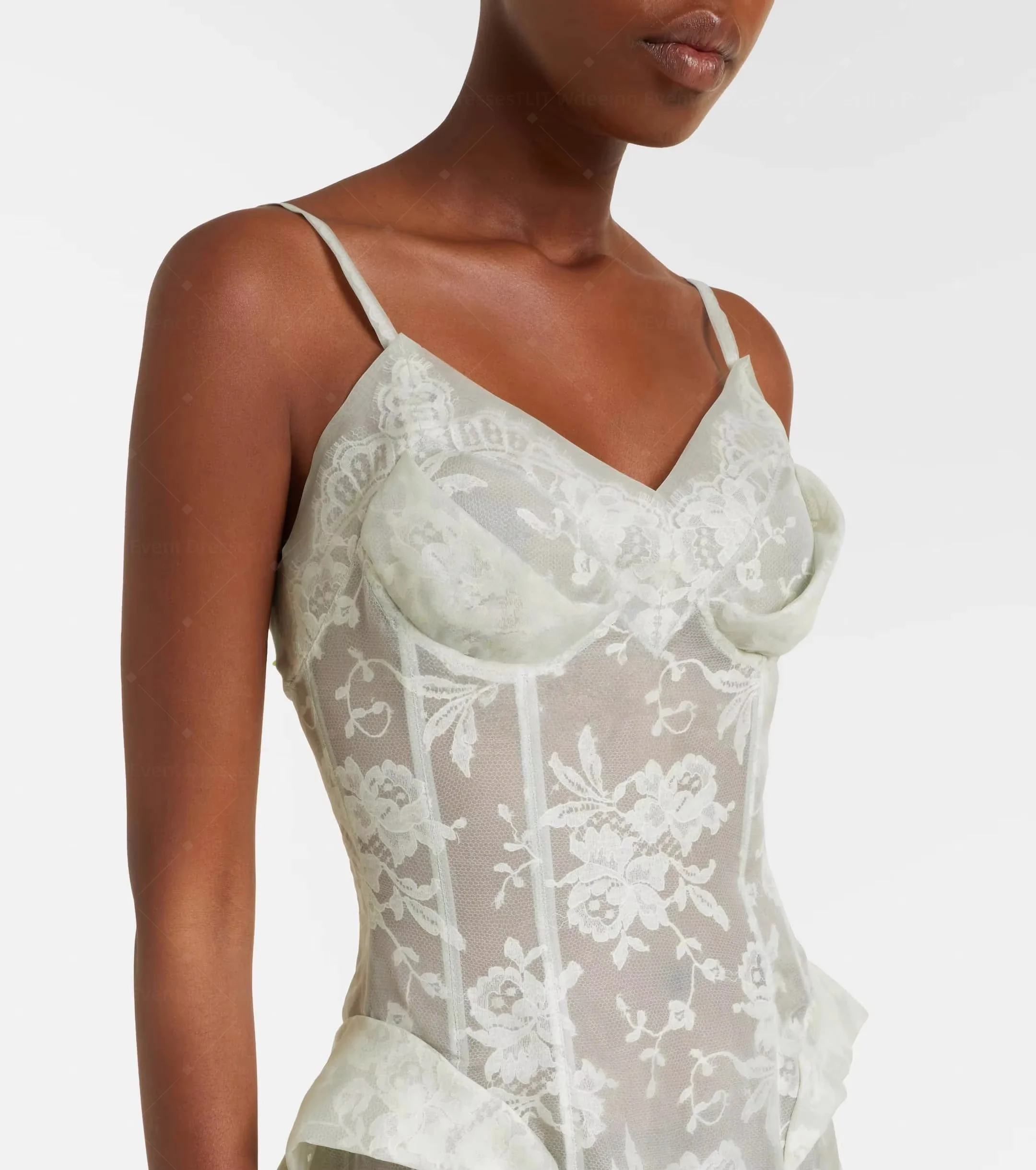 TLIT Customized Luxury Sheer Lace Corset Midi Dress Spaghetti Strap Structured Peplum Vintage Bridal Reception Gown
