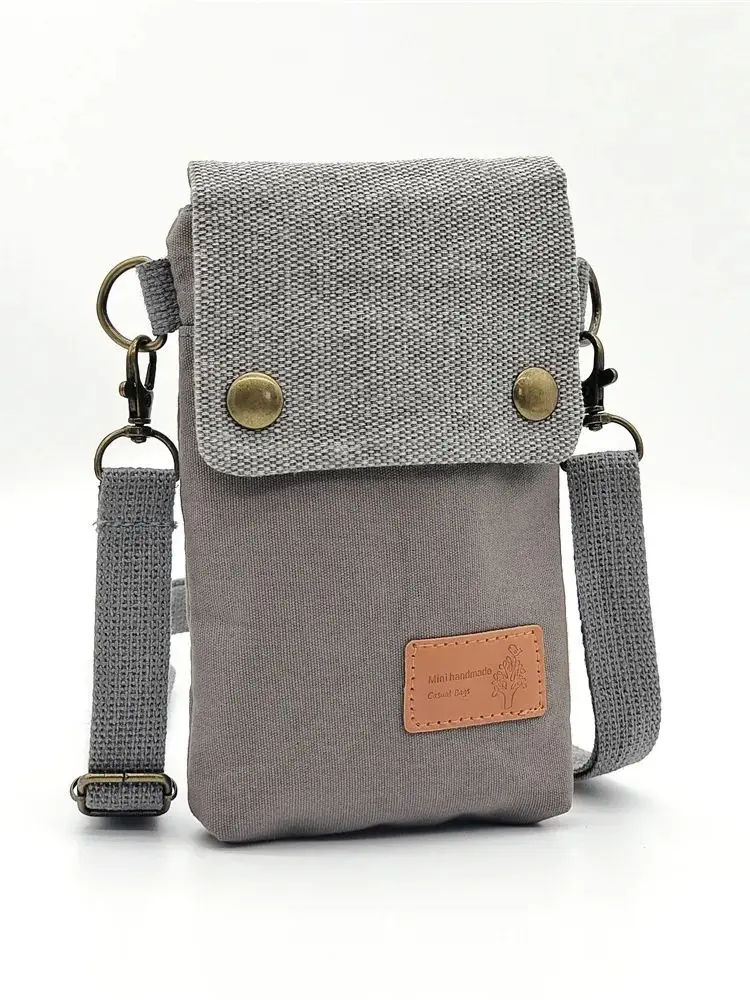 Solid-color canvas 3-layer diagonal cross-body phone bag, simple and fashionable wallet, single-shoulder bag