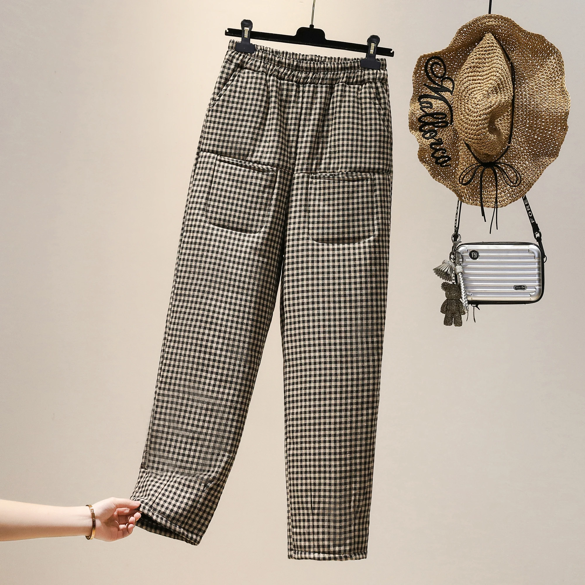 

High-End plus Size Women's Autumn Winter New Style Slimming Wide Leg Cotton Casual Pants Retro Plaid Loose Fit Ladies Trousers