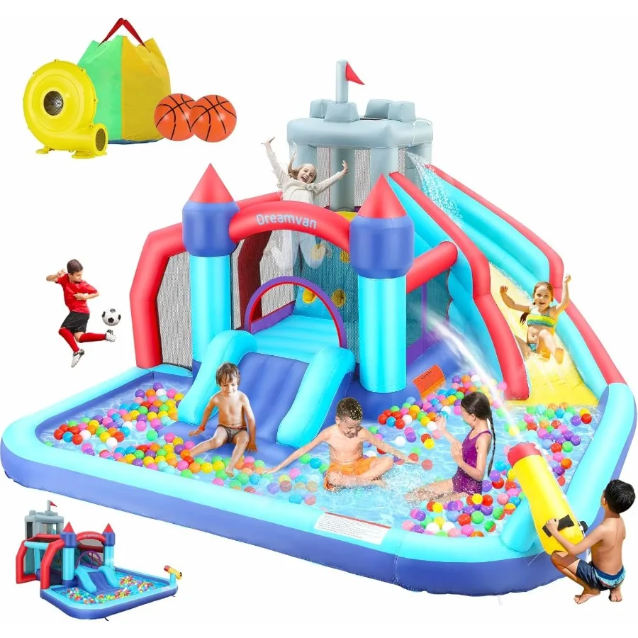 Aufblasbare Wasserrutsche, 10-in-1-Hüpfburg, Wasserpark mit 580 W Gebläse, Kletterwand, Spritzschutz, Pool, Kanone, Sprungbereich, Basketball, H