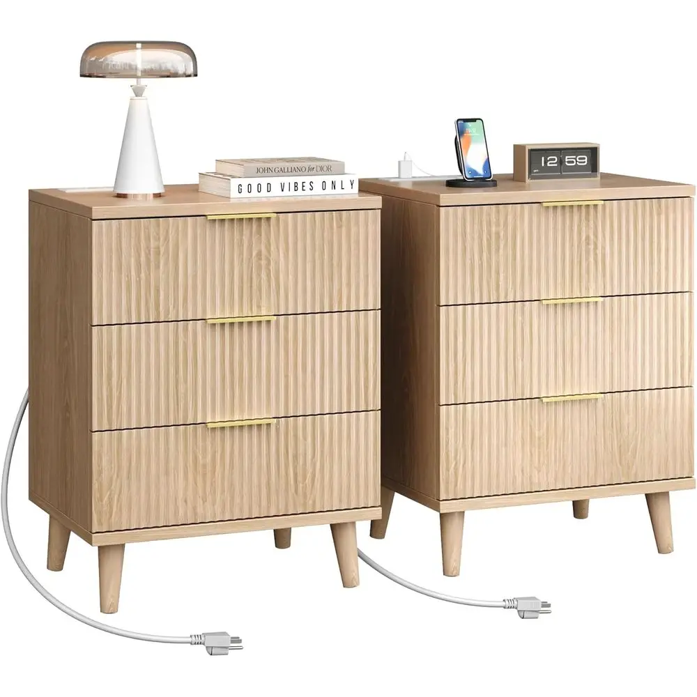 

Комплект из 2-х 20-дюймовых прикроватных тумбочек из натурального дуба с зарядной станцией и ящиками для хранения