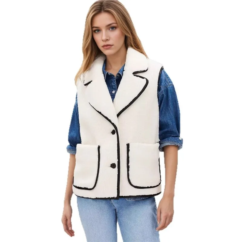 White Sleeveless Lambswool Vests Coat Women Pocket Patchwork Fashion Ladies Jackets Loose Casual Vests Coats 2025 Autumn Winter