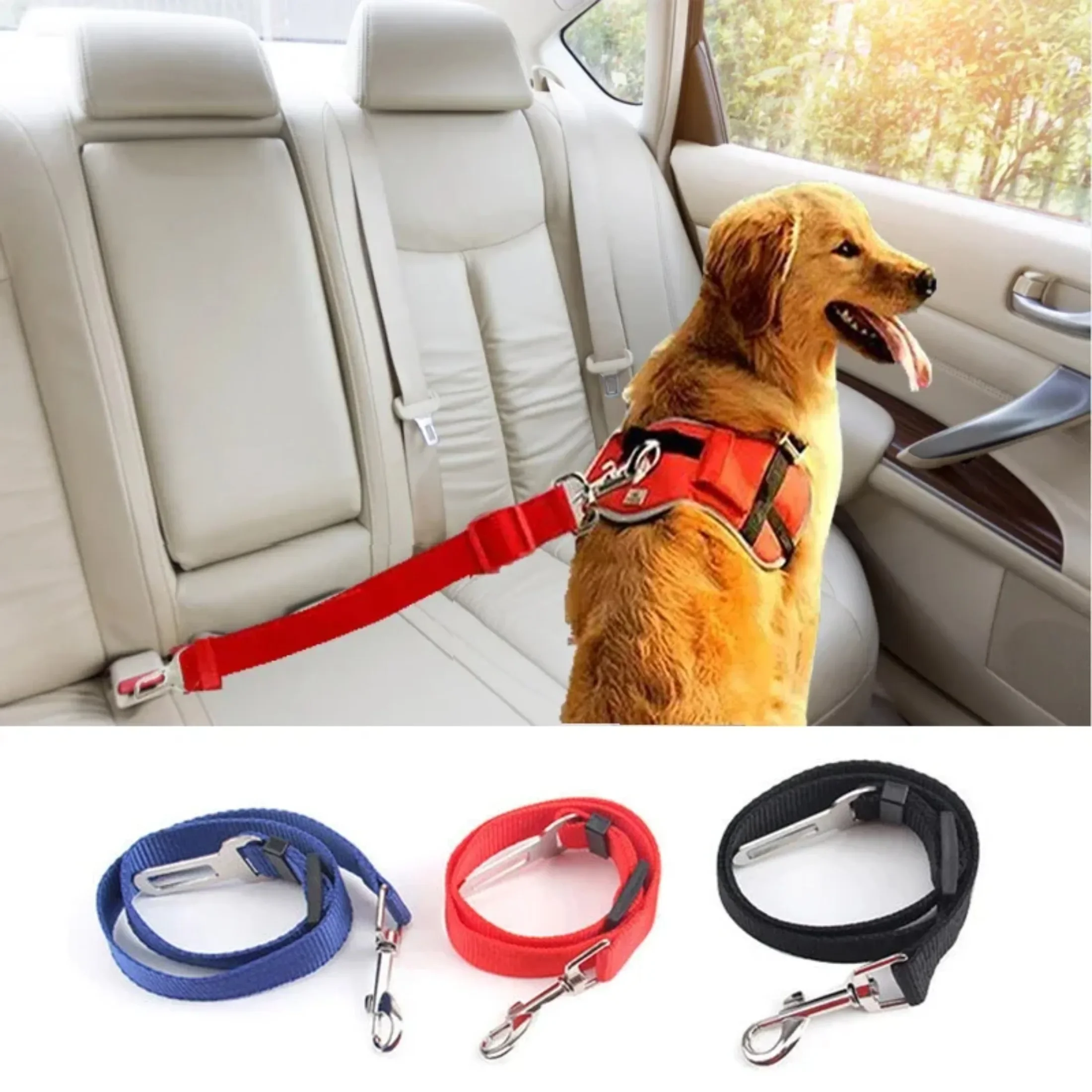 Solid Color Two-in-one Pet Car Seat Belt Nylon Lead Leash Backseat Safety Belt Adjustable Dogs Harness Collar Pet Accessories