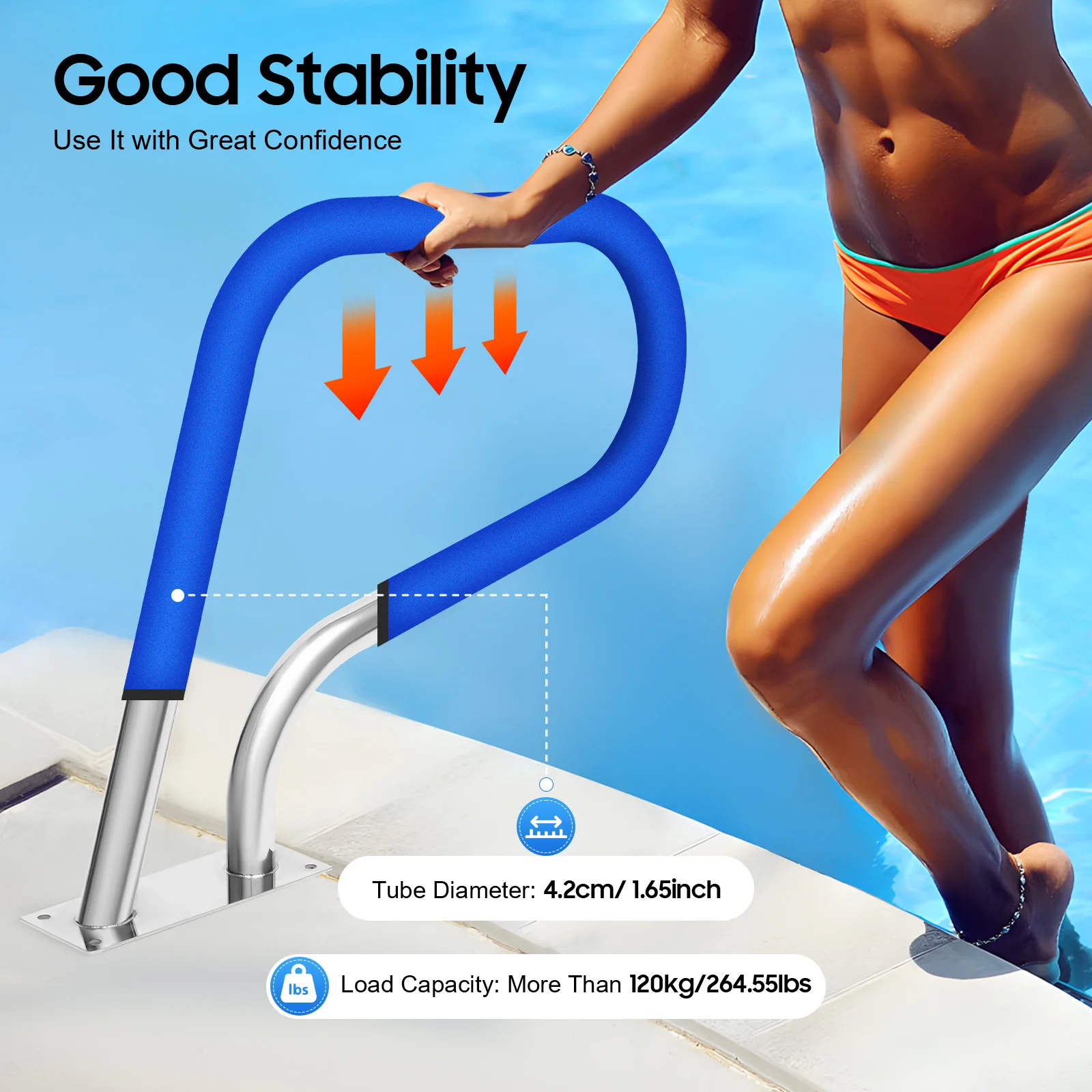 Stainless Steel Pool Grab Bar with 120kg Load Capacity Pool Handrail with Blue Cover Ideal for Swimming Pools Spas Water Parks