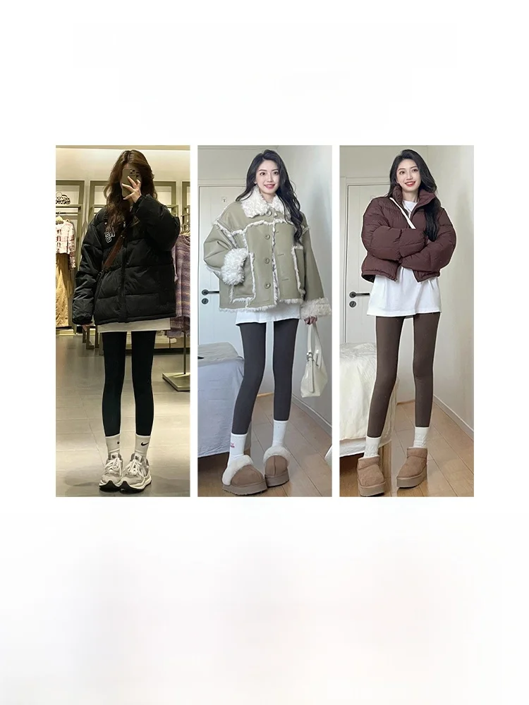 กางเกงโยคะ Thiened Fce สำหรับผู้หญิง ฤดูใบไม้ร่วง ฤดูหนาว กางเกงหนังเทียมอุ่น กางเกงกระชับสัดส่วน กางเกงซับใน กางเกงขายาวลำลอง โพลีเอสเตอร์ผสมสแปนเด็กซ์