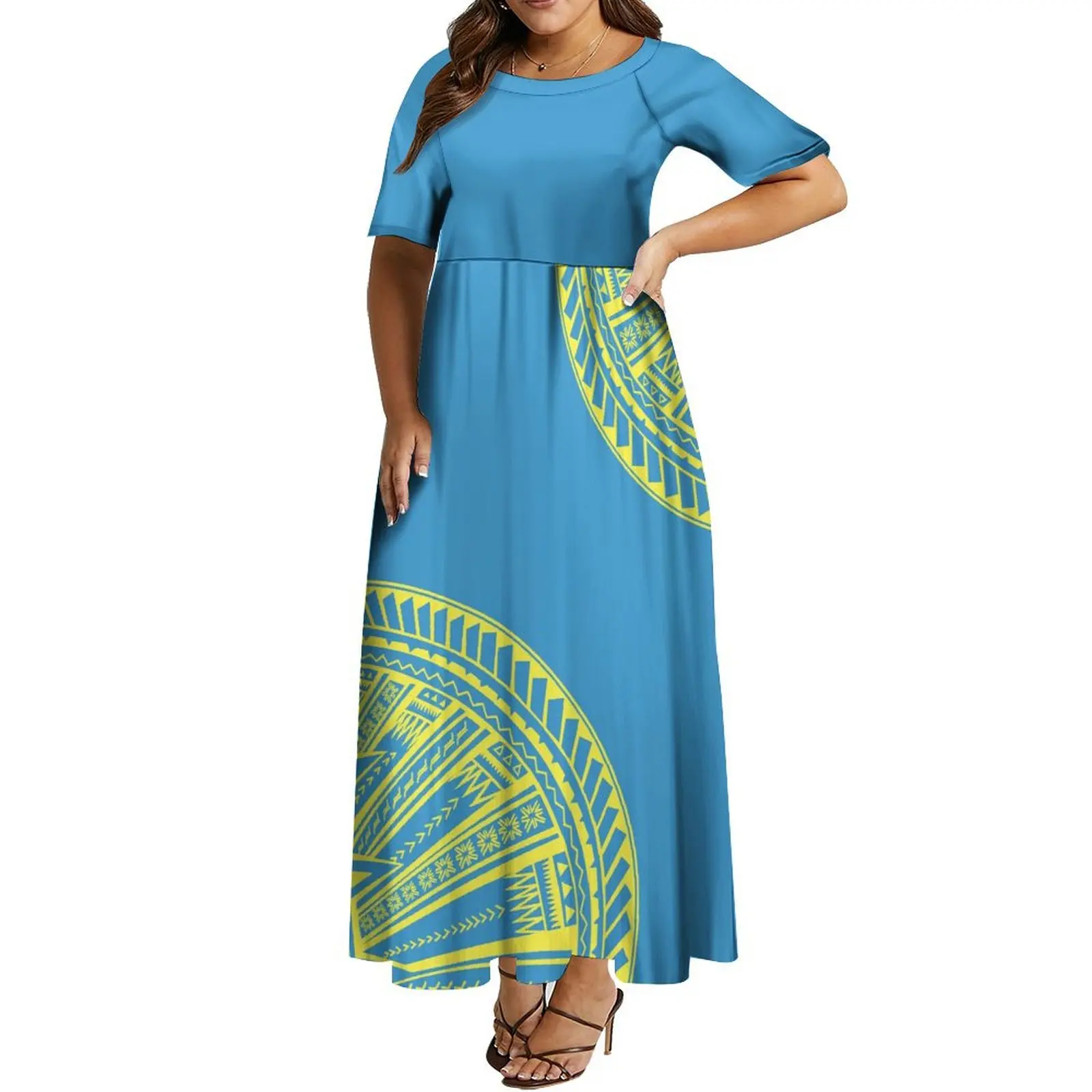 High Quality Polynesian Tribal Print Custom Women'S Crew Neck Short Sleeve Dress Plus Size 8xl Maxi Dress