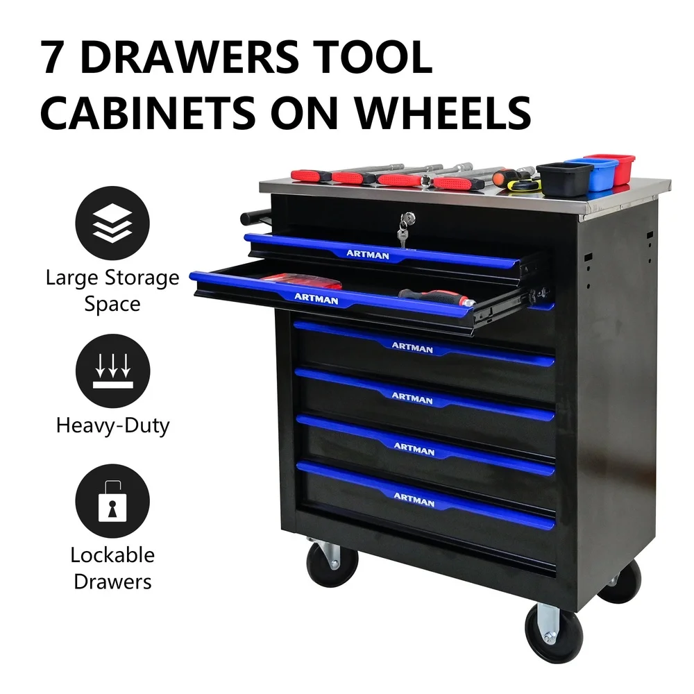 Durable 7 Drawer Tool Chest with Plastic Storage Boxes Lockable Rolling Tool Cabinet Garage Workshop Home Office Use