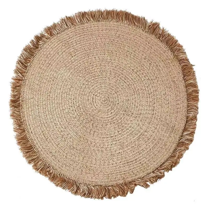 

4-Side tassel hand-woven jute carpet simple living room linen glue-free floor mat household bedroom study bedside
