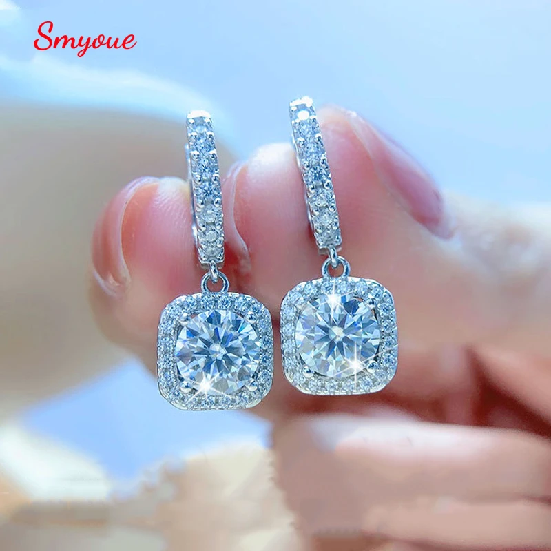 Smyoue D Color 6.5mm Vvs Moissanite Drop Earring Luxury Square Women\'s Wedding Jewelry S925 Silver Sparkling Simulated Diamond