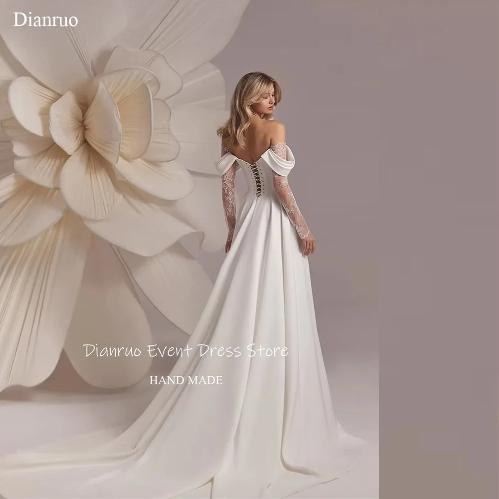Dianruo tribunal trem apliques vestido de casamento cetim renda vestido de noiva fora do ombro alta fenda vestido de noite romântico personalizado