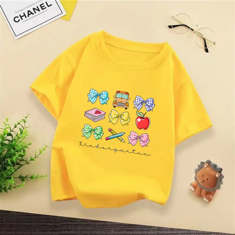 Girls Cute Kindergarten Print T-shirt, Bow School Bus Apple Graphic Short Sleeve Cotton Casual Top for Kids WX086
