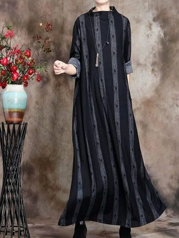 Retro impressão emagrecimento longo sve dr robe feminino outono nova chegada camada base vintage sle cintura solta saia linha a