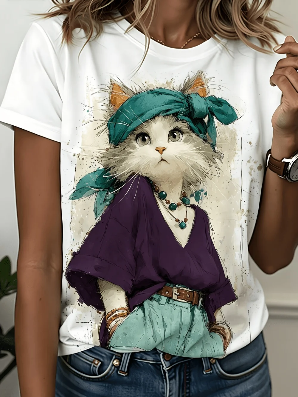 Neues Damen-T-Shirt mit Katzen-Print, modisches Kurzarm-3D-Druck-T-Shirt, Sommer-Streetwear, O-Ausschnitt, lockerer Pullover, Damenbekleidung – Detail 6