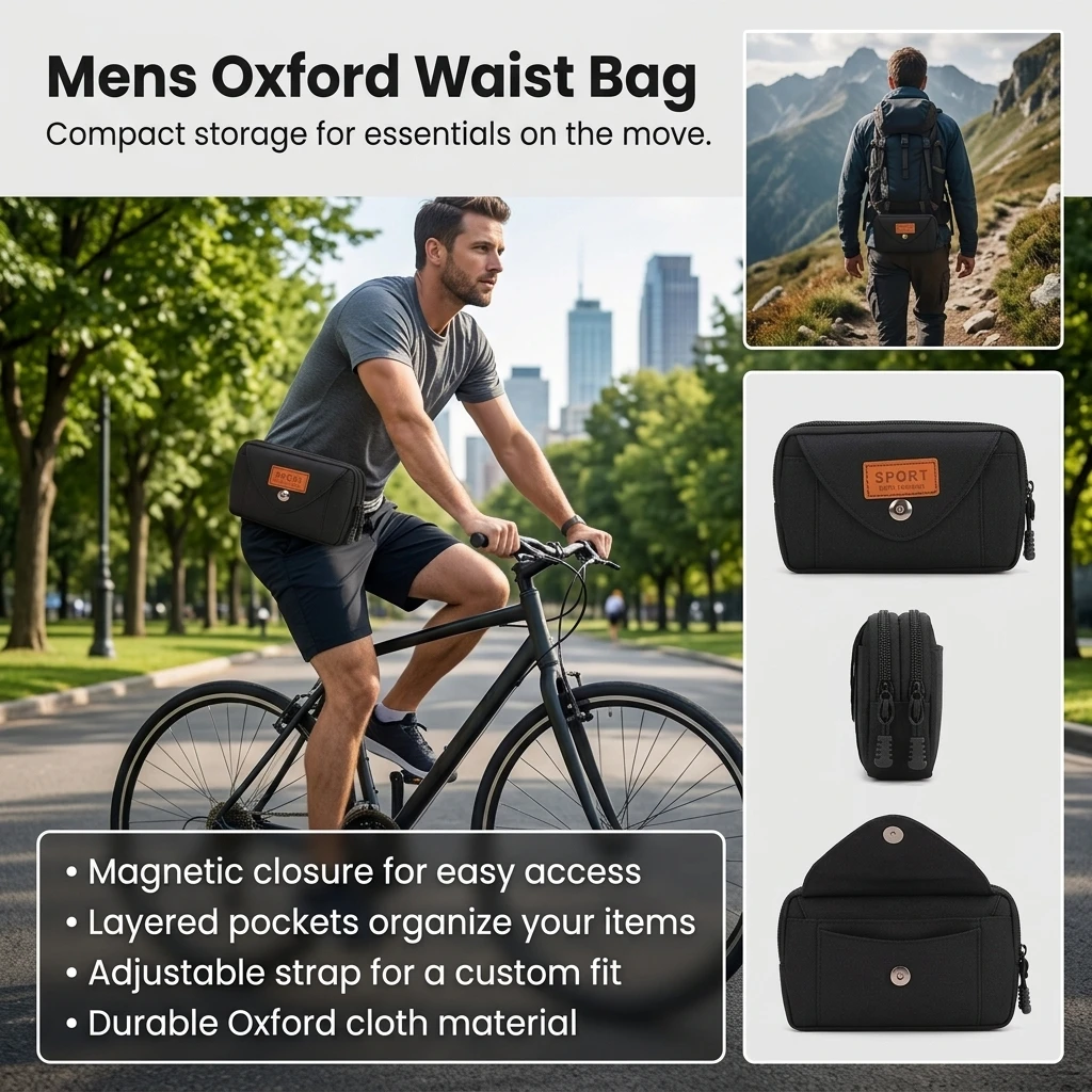 Waist Pouch Magnetic Closure Waist Bag for Commuting Travel Waterproof Oxford Cloth Men's Belt Pack Durable Lightweight