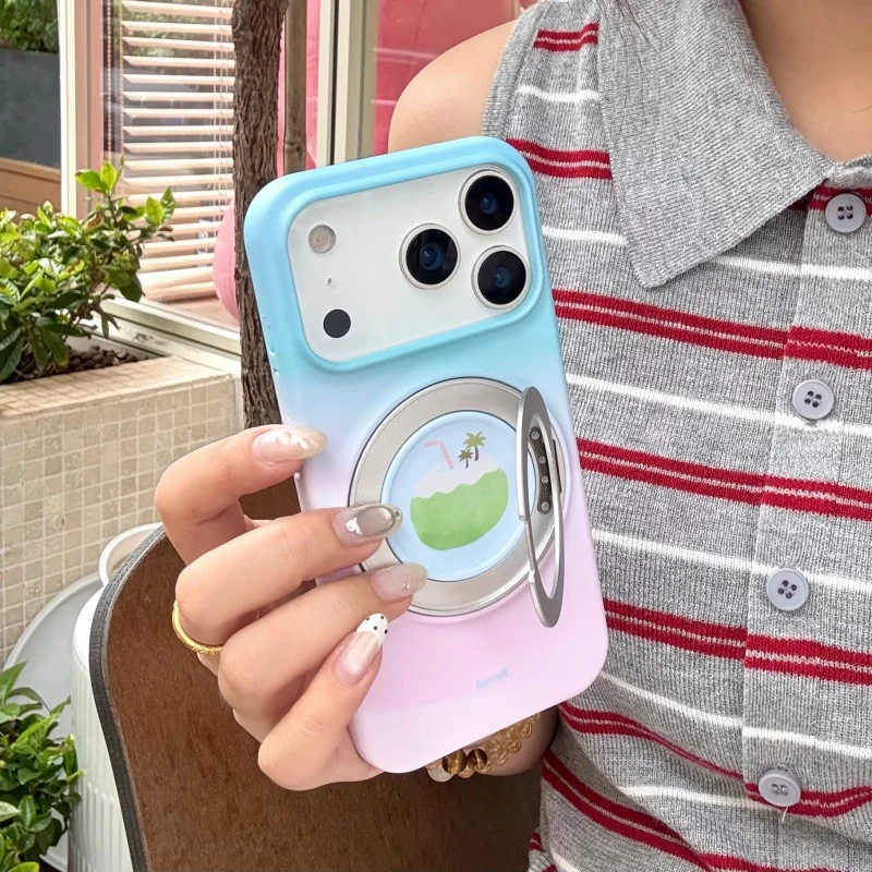Simple Gradient Color Cute Coconut Rotation Stand Phone Case For iPhone 17 Pro 16 15 Pro Max Back Cover Fashion Hard Cases Funda