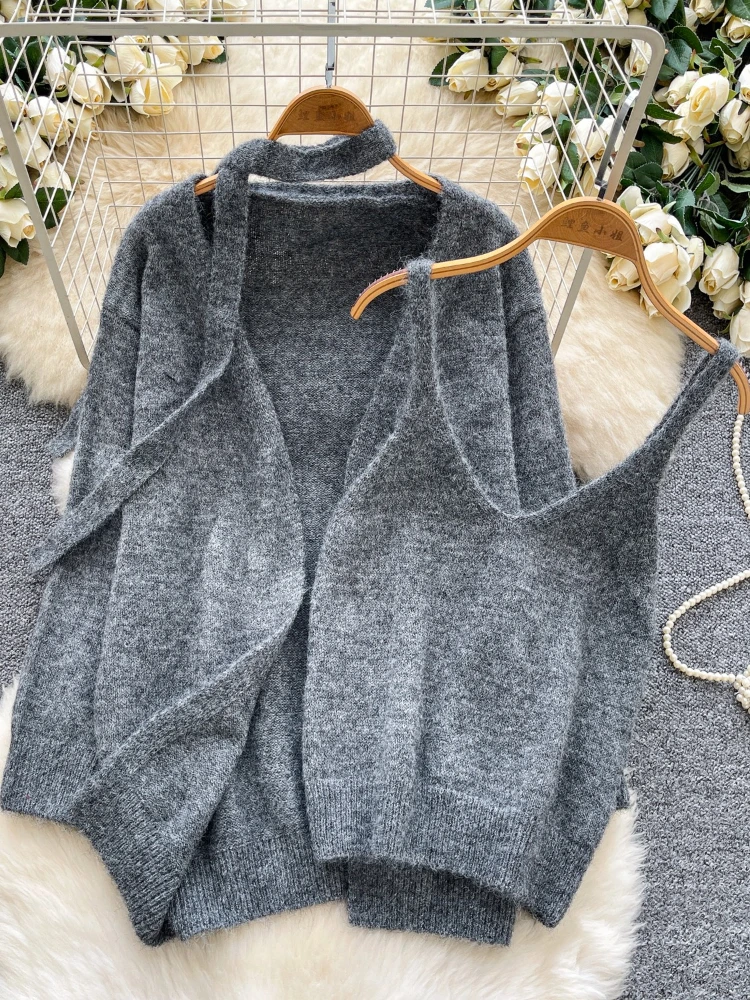 Korean Fashion Elegante Casual Zwei Stück Set Frauen Herbst Winter Faul Stil Schlank Leibchen Tops + Stricken Weiche Strickjacke Solide Outfit