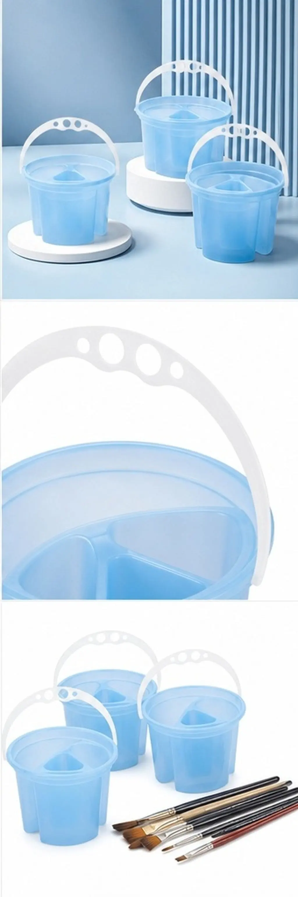 3個入り、仕切り付きのプラスチック製ブラシ洗浄バケツ。安定した底面と軽量設計で、アーティストや学生が絵筆を洗うのに最適。