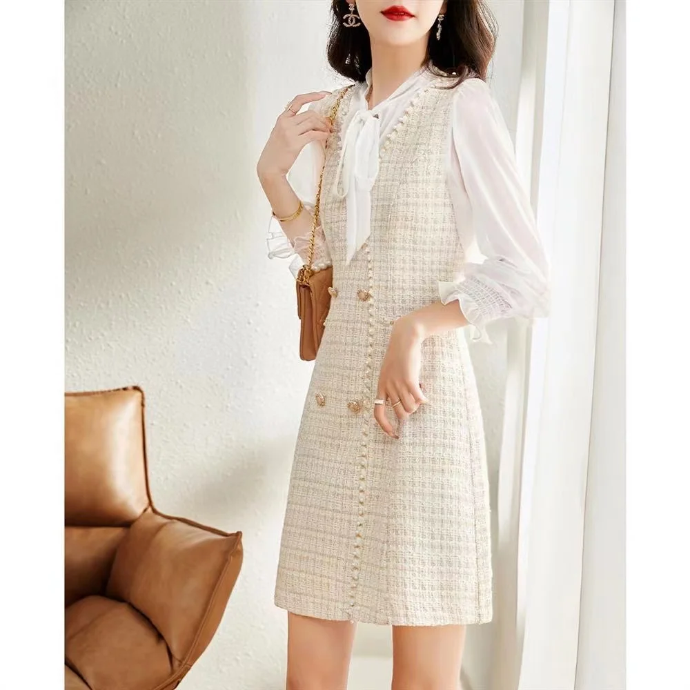 Spring Summer New Bow Slim Mini Casual Dress Women\'s Elegant Chiffon Long Sleeve Patchwork Double Breasted Decorate Dress