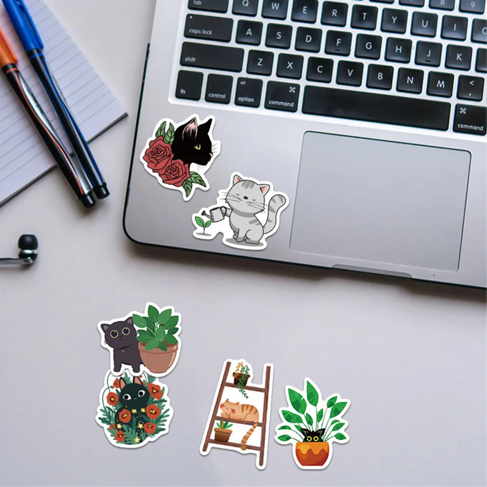 

50pcs Cartoon Plant Cat Stickers For Scrapbook Stationery Laptop Kscraft DIY Cute Sticker Craft Supplies Scrapbooking Material