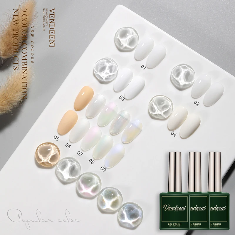 Vendeeni 9 Colors Moonlight White Gel Nail Polish Semi Permanent UV Soak Off Gel Varnish Milky Pearl White Nail Art Gel Lacquer