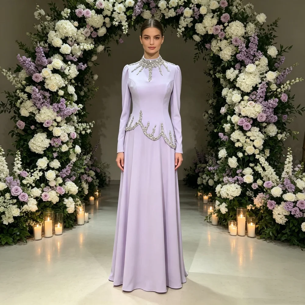 Maßgeschneidertes, exquisites Abendkleid mit hohem Kragen für Bankette, Strass-A-Linien-Hochzeitskleid, klassisch glitzernd