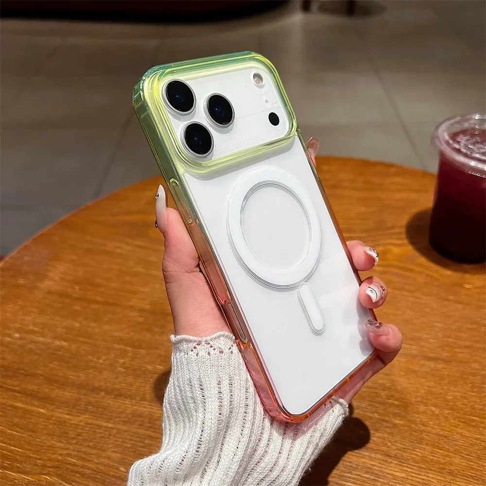 GradientสีสันสําหรับMagsafeเคสโทรศัพท์แม่เหล็กสําหรับ 17 Air 16E 15 14 Plus 13Mini 12 11 Pro Max Clear Wireless Chargeฝาครอบ