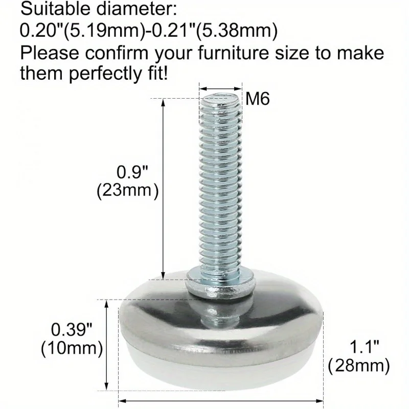 8pcs M6 x 23 x 28mm Screw on Furniture Glide Leveling Feet Adjustable Leveler Pad for Chair Industrial Machine Desk Leg