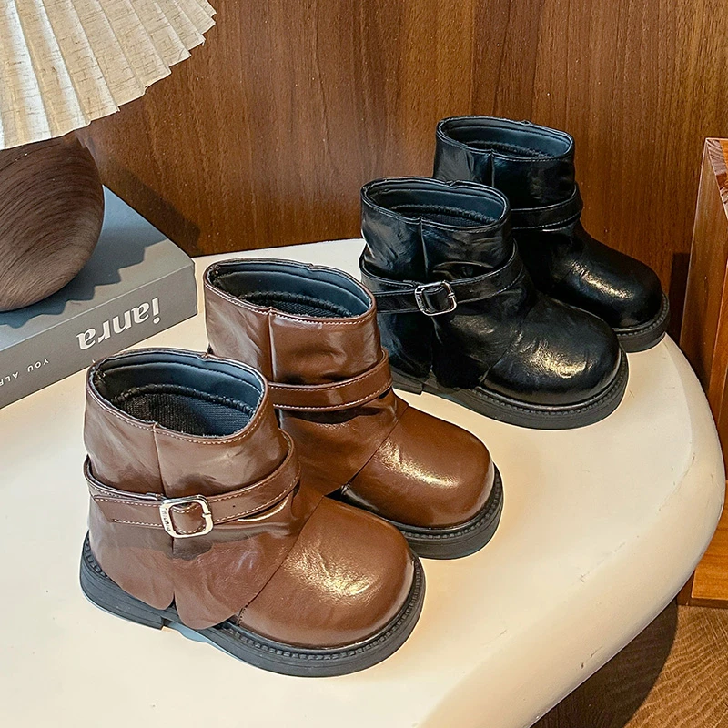 

Детские короткие сапоги в британском стиле, модные ботинки принцессы для девочек, универсальные универсальные ботинки с круглым носком, осень-зима 202, новые детские кожаные сапоги