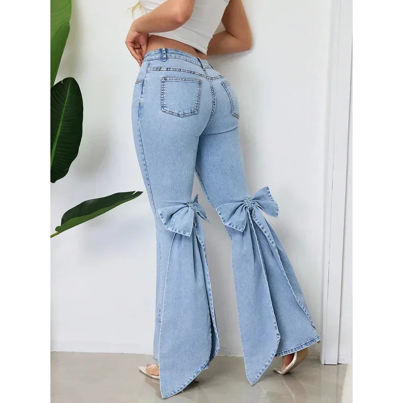 

BKQU Splicing 3d Bow Jeans Retro Women's Stretch High Waist Flared Pants Fashion Street Denim Trousers 2026 Spring Elegant