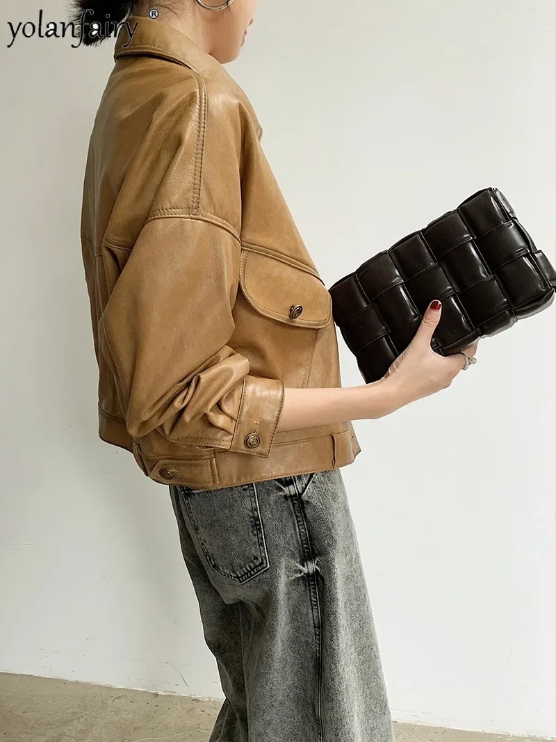 Jaqueta de couro natural para mulheres, roupas femininas de motocicleta, 23 casacos de pele de carneiro, tops pretos lapela, chaquetas soltas