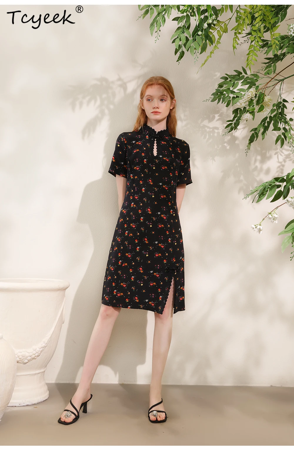 Tcyeek,100% ผ้าไหมแท้,ผู้หญิงแขนสั้นตัดเฉียง,จีนVINTAGE Cheongsam,2024 ฤดูร้อนฤดูใบไม้ร่วงใหม่D47143QM