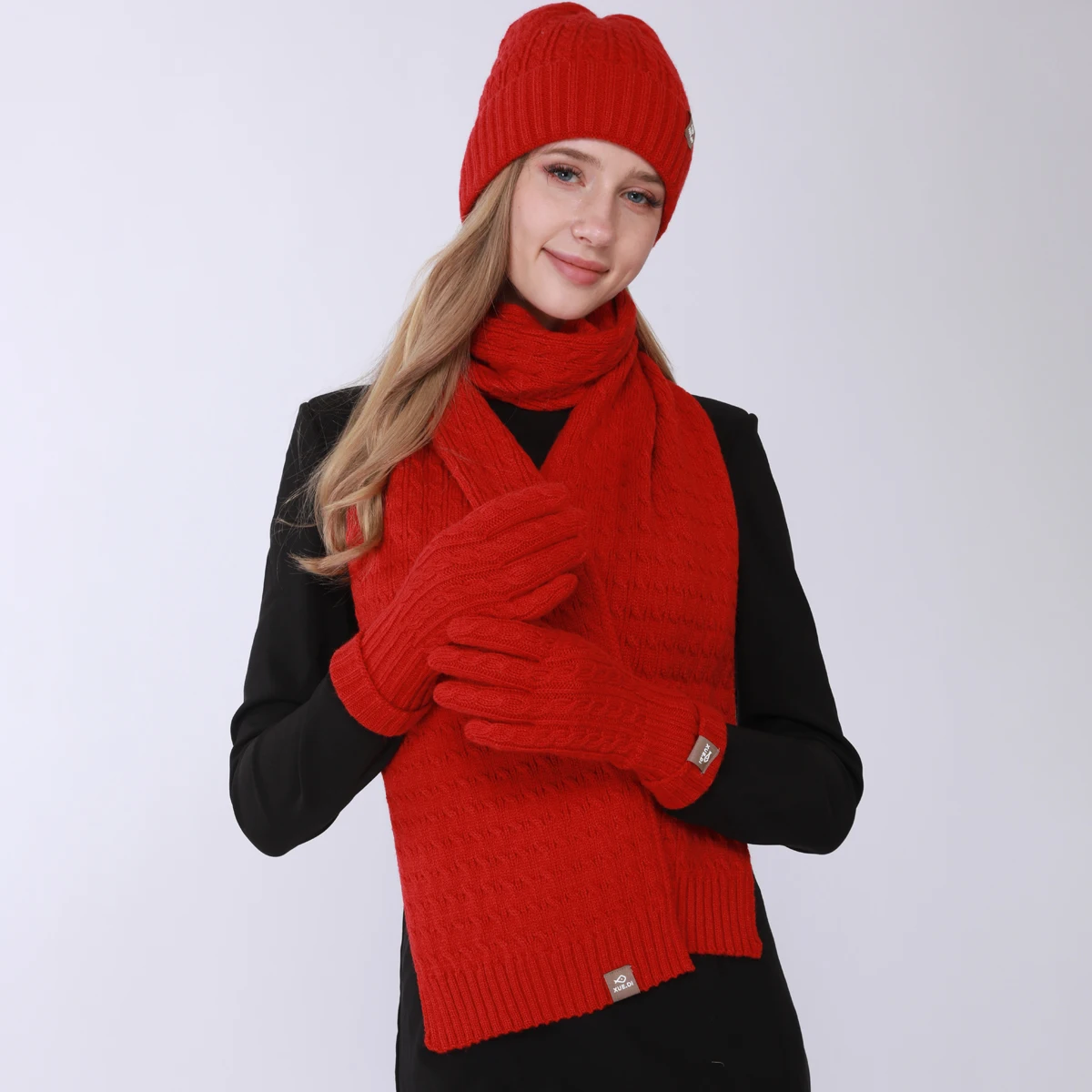 Women Solid Color Imitation Wool Fabric 3-piece Set Gloves Scarf Hat Knitted Suit Soft Cold-proof Warm Autumn and Winter Gift