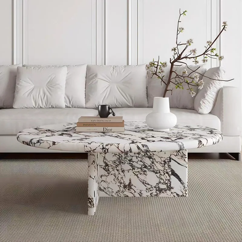 Natural Carrara Marble Coffee Table - Modern Living Room Center Table with Metal Legs, Heavy Duty Stone Console Table for Sofa