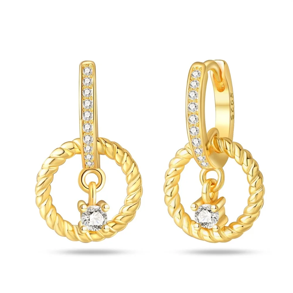 Boucles d'oreilles circulaires torsadées dorées en argent Sterling 925 pour femmes, boucles d'oreilles à breloques de fiançailles et de mariage, bijoux cadeau