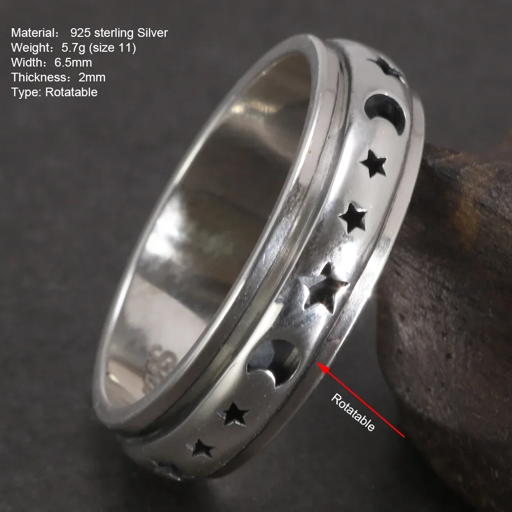 Real 925 Sterling Silver Spinner Band Ring Moon Star Celtic Stress Relieving Anxiety Ring Gifts for Men And Women