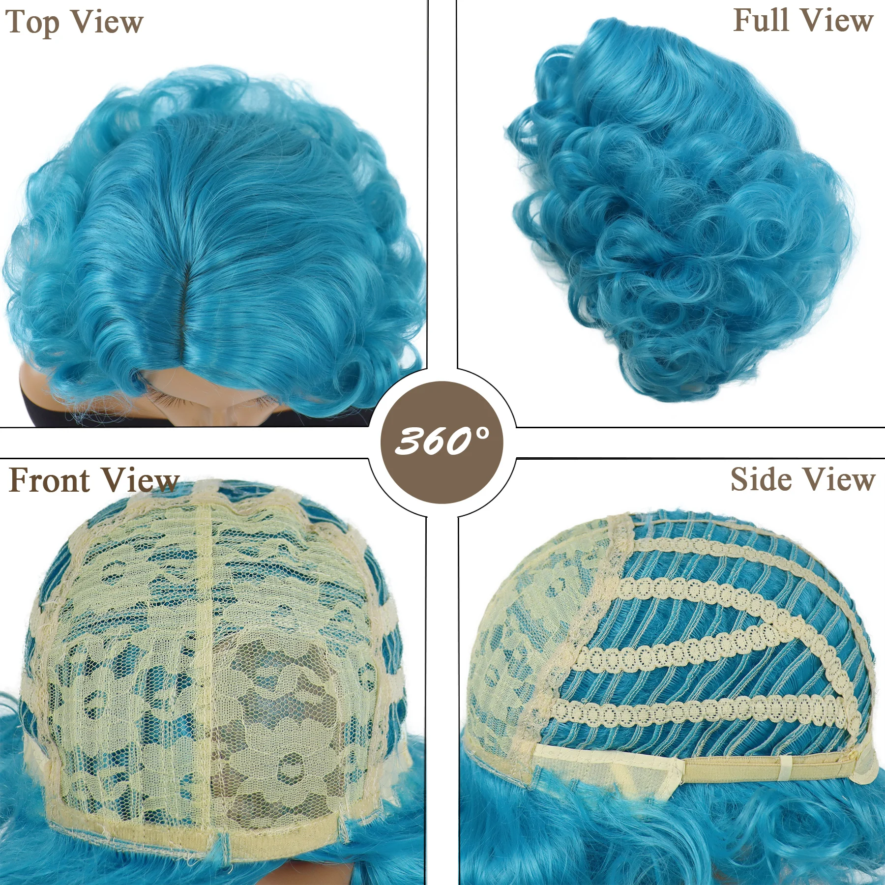 Synthetic Blue Wigs Cosplay Halloween Carnival Short Curly Wig for Women Natural Fluffy Colorful Hair Side Parting Hairstyle