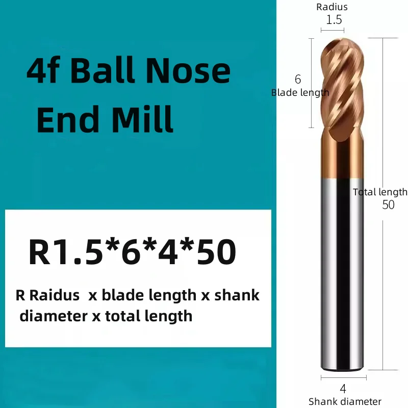 HRC58 4 플루트 볼 노즈 엔드 밀 텅스텐강 카바이드 밀링 커터, 금속용, R4x16x8x60, R5x20x10x75, R1.5x6x4x50, R8x32x16x100