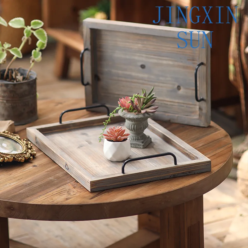 American retro solid wood tray fruit plate decorative atmosphere wabi sandy wind solid wood handicrafts home desktop plate