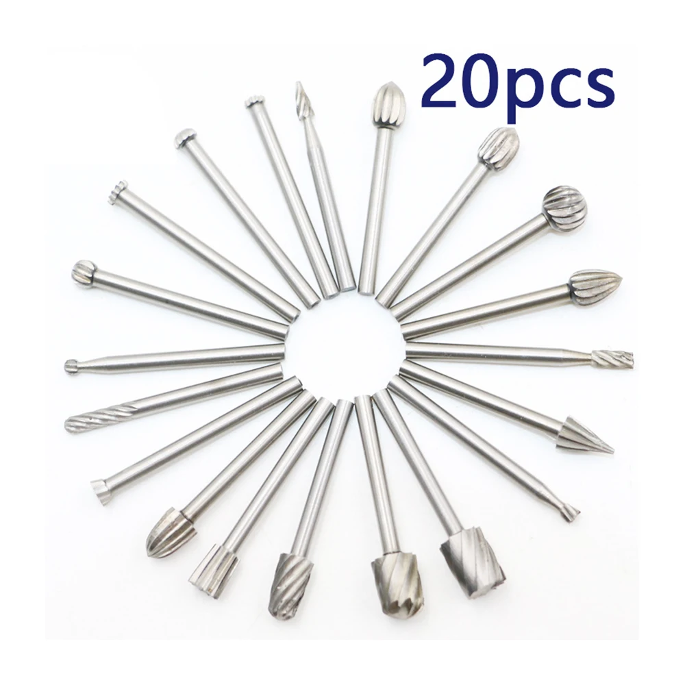 

20pcs Highspeed Steel Carpentry Rotary File Woodworking Engraving Milling Cutter Electric Grinder Tool Accessories Grinding