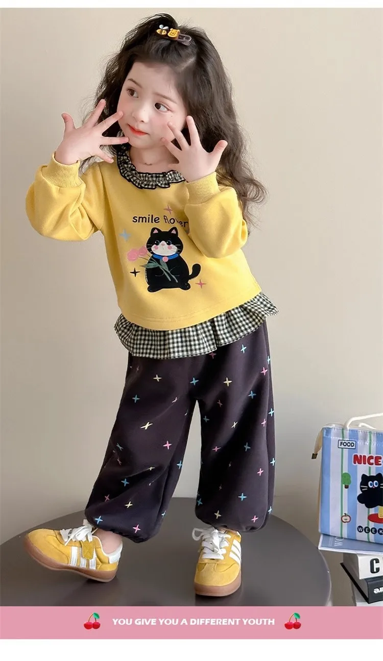 2026 Herbst Baby-Mädchen-Kleidungssets, Kinder-Sweatshirt mit Rüschenkragen und Cartoon-Print + Hose mit Sternenmuster, 2-teiliger Freizeitanzug für Kinder – Detail 5