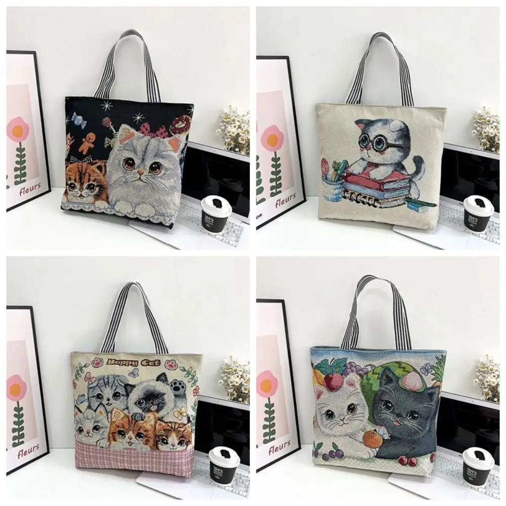 Large Capacity Cloth Pouch Ethnic Style Handbag Vintage Cute Cat Embroidery Animal Shoulder Bag Fashion Personality Tote Bag