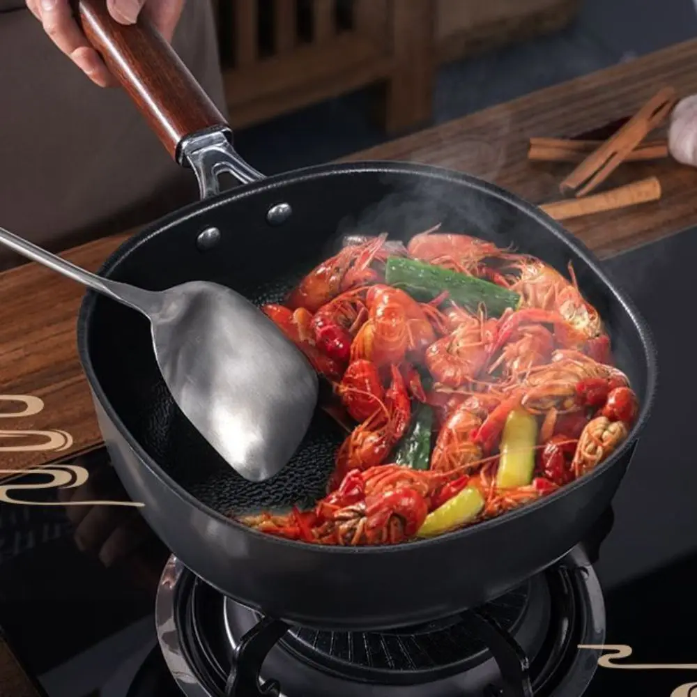 Cookware Refined Iron Square Frying Pan No Coating Flat Bottomed Wok Wood Handle with Visible Cover Cooking Pot Chef