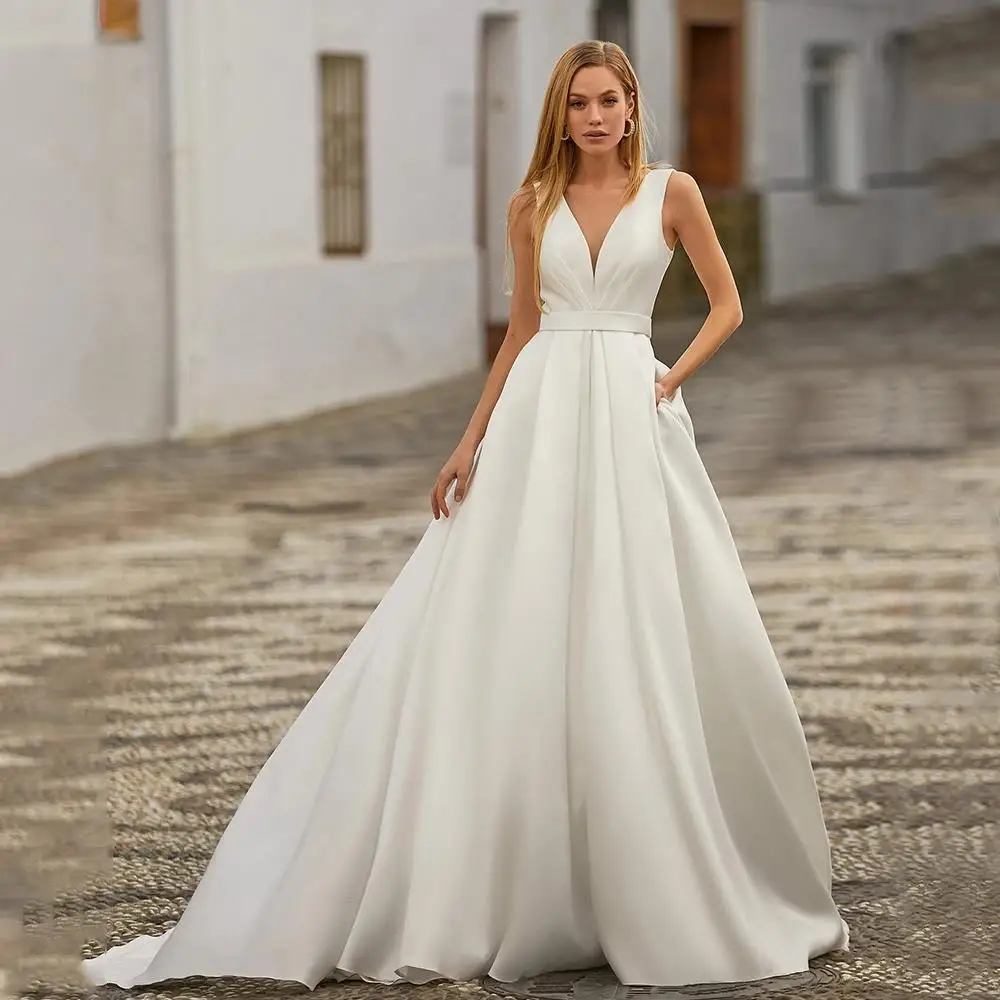 

Simple A-line Wedding Gown Deep V-neck Satin Bride Dress Floor Length Sleeveless Women Bridal Gown Robe