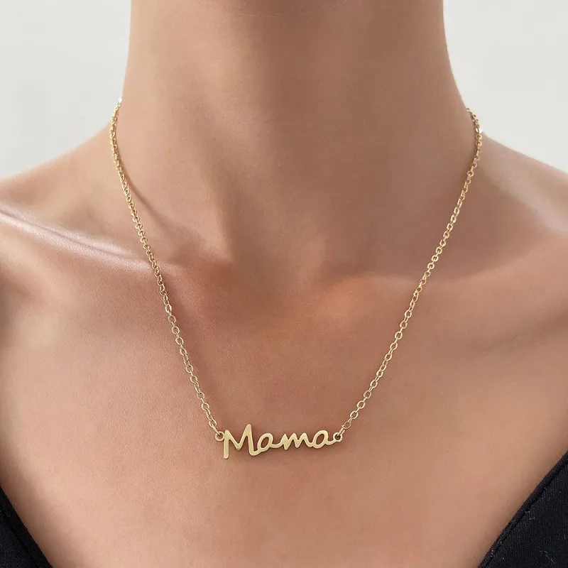 WANZHI Mother's Day Mama Letter Pendant Necklace for Women Mom Nameplate Clavicle Chain Choker Stainless Steel Jewelry Gifts