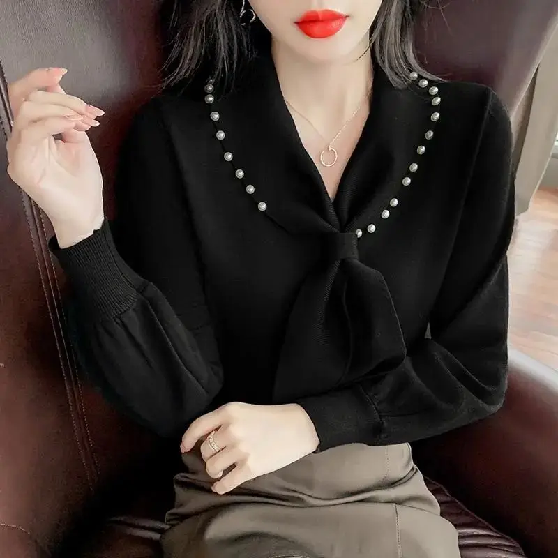 Women 2023 New Shirt Korean Edition Pullover Loose V-neck Lace Knitted Top Fashion Versatile Bow Solid Color Comfortable