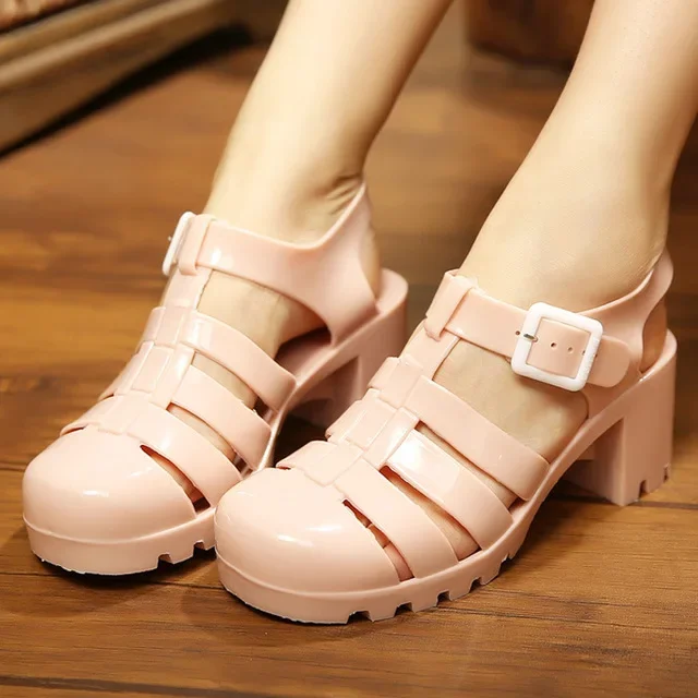 luxury 2024 Summer Women Casual Jelly Shoes Heel Women Square High Heels Transparent Platform Sandal Lady Bling Silver Sandals