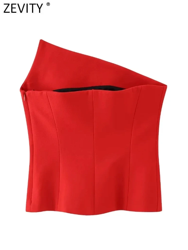 Zevity Women Fashion Strapless Red Color Asymmetrical Smock Blouse Female Inner Style Zipper Slim Shirt Blusas Chic Tops LS3509