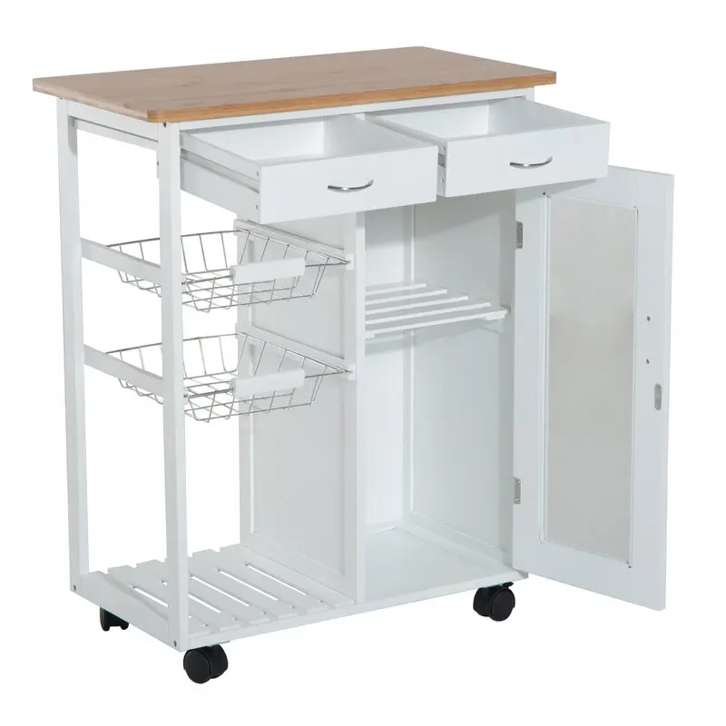 Rolling Kitchen Island, Küchen Wagen Mit Massiver Bambus Platte, Draht Korb, Tür Schrank Und Schubladen Küchen-Servier Wagen Mit